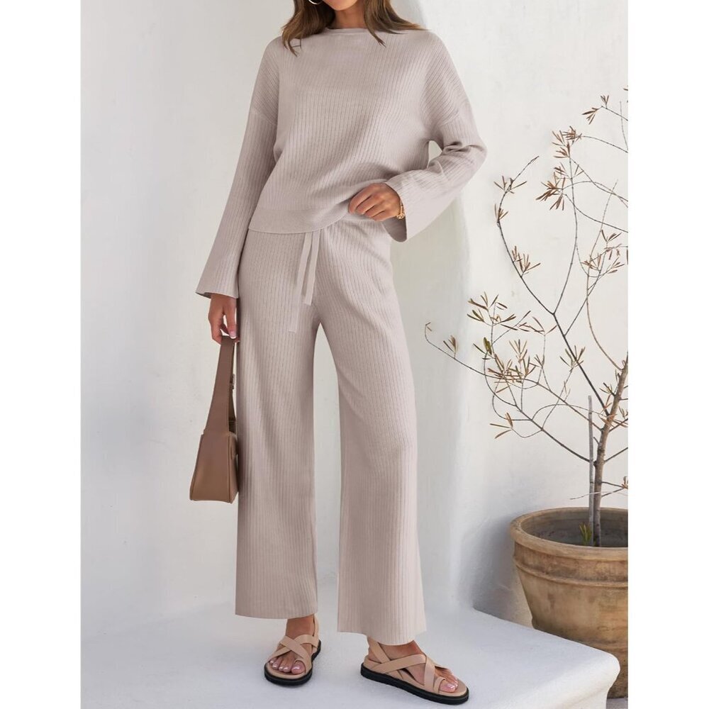 Women's Knit 2 Piece Set Long Sleeve Pullover Wide Leg Pants Lounge Casual - Picture 3 of 5